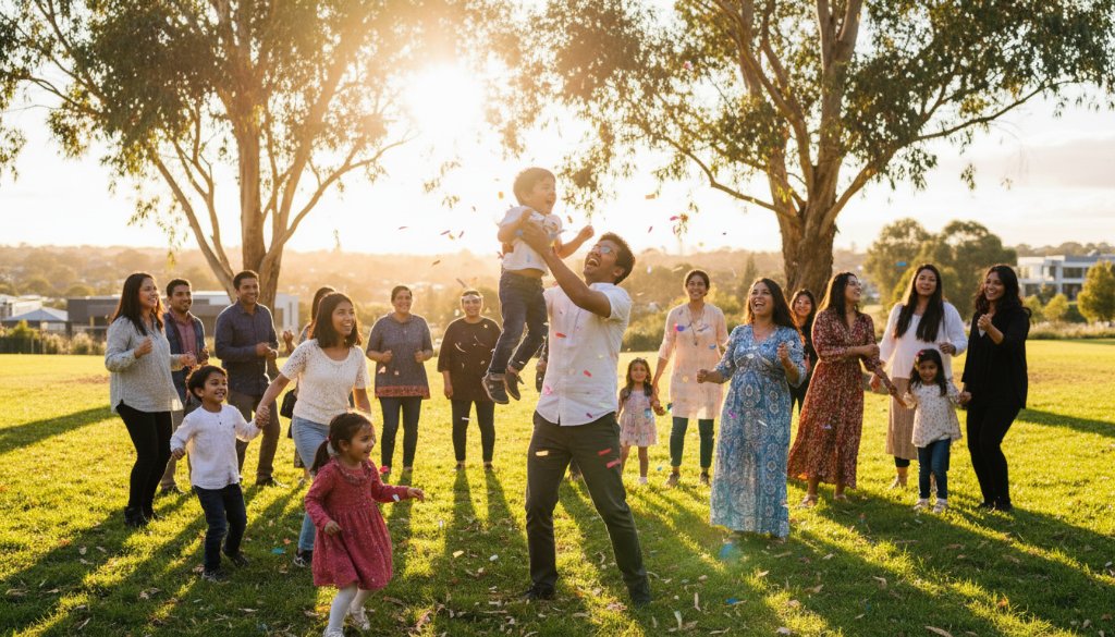 A vibrant wide-angle shot capturing the Cranbourne community event photography unforgettable moments, with families cheering during a festive outdoor concert in Casey Fields, bathed in warm golden hour sunlight, dynamic and joyous.