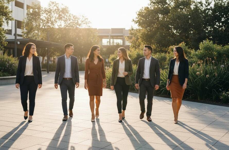 A powerful, cinematic portrait of a diverse team of professionals in Cranbourne, bathed in golden hour light, reflecting success and unity, perfect for Cranbourne corporate headshots for thriving businesses.