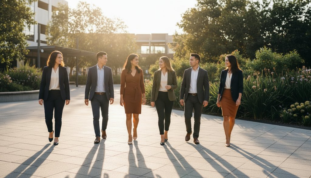A powerful, cinematic portrait of a diverse team of professionals in Cranbourne, bathed in golden hour light, reflecting success and unity, perfect for Cranbourne corporate headshots for thriving businesses.