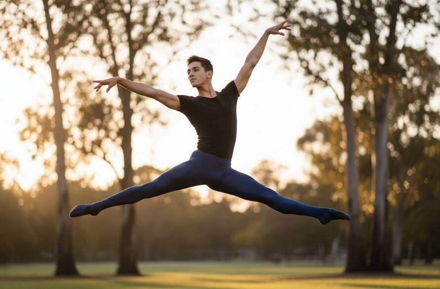 A dramatic, high-energy photo of a male ballet dancer mid-leap against a blurred, warmly lit Cranbourne park background, showcasing exceptional Cranbourne dynamic dance photography sessions.
