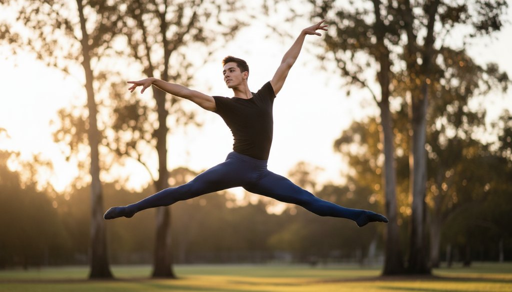 A dramatic, high-energy photo of a male ballet dancer mid-leap against a blurred, warmly lit Cranbourne park background, showcasing exceptional Cranbourne dynamic dance photography sessions.