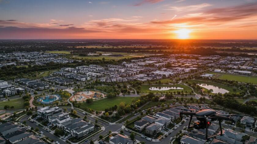 An epic wide aerial photograph showcasing the vibrant, modern residential developments and expansive green spaces of Cranbourne East at golden hour, with a professional drone elegantly silhouetted against a dramatic, colourful sunset sky, perfectly illustrating Cranbourne East drone photography stunning aerial views.