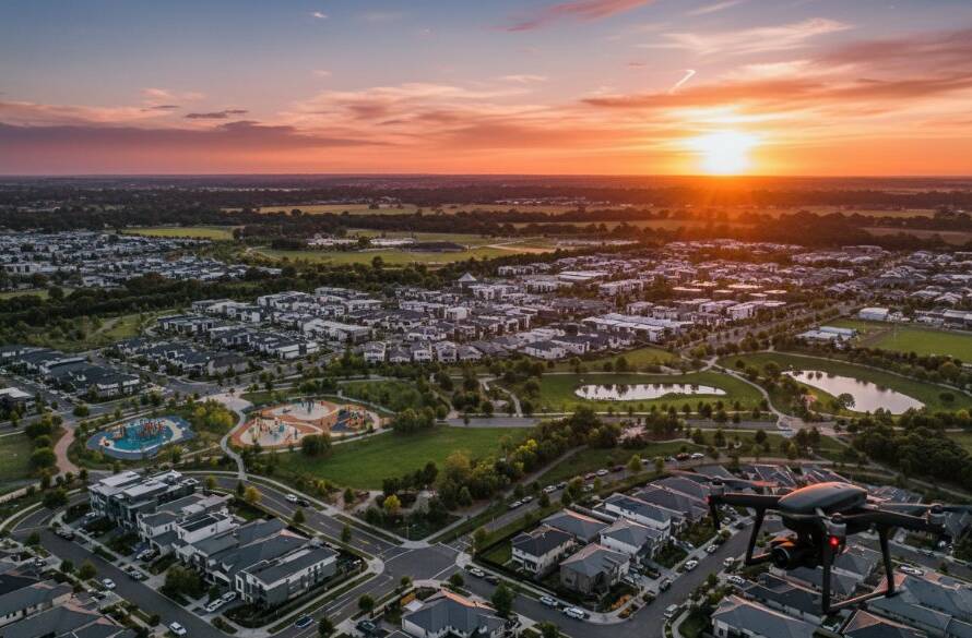 An epic wide aerial photograph showcasing the vibrant, modern residential developments and expansive green spaces of Cranbourne East at golden hour, with a professional drone elegantly silhouetted against a dramatic, colourful sunset sky, perfectly illustrating Cranbourne East drone photography stunning aerial views.