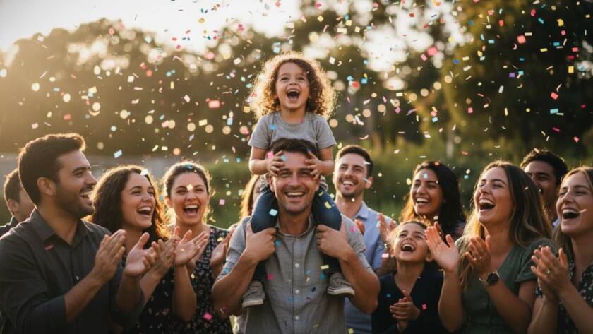 An emotional wide shot by a Cranbourne East event photography capturing authentic moments, showing a joyous family embrace during a golden hour outdoor celebration in a beautiful Cranbourne East park, with warm, dramatic lighting highlighting their expressions and genuine connection.