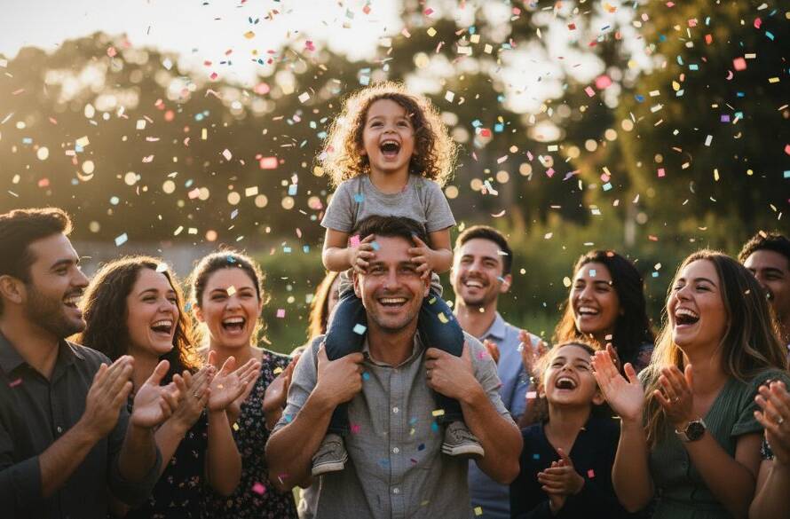 An emotional wide shot by a Cranbourne East event photography capturing authentic moments, showing a joyous family embrace during a golden hour outdoor celebration in a beautiful Cranbourne East park, with warm, dramatic lighting highlighting their expressions and genuine connection.
