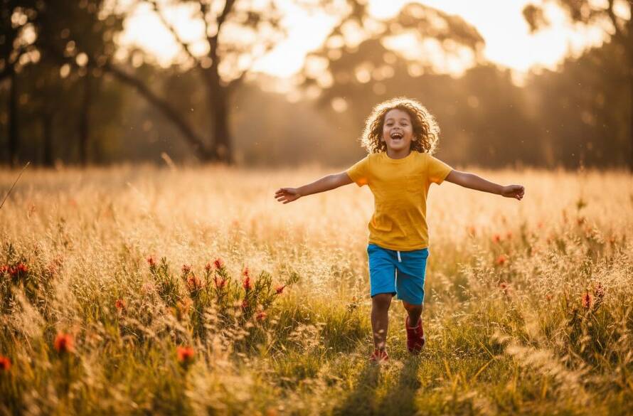 An epic moment captured by a Cranbourne East family photographer capturing genuine kids' joy, showing a child (around 6-8 years old) mid-leap on a swing at a sun-dappled park in Cranbourne East, Victoria, a wide, uninhibited smile on their face as the late afternoon sun backlights their hair, creating a sense of pure, unbridled happiness and movement.