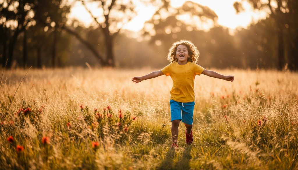 An epic moment captured by a Cranbourne East family photographer capturing genuine kids' joy, showing a child (around 6-8 years old) mid-leap on a swing at a sun-dappled park in Cranbourne East, Victoria, a wide, uninhibited smile on their face as the late afternoon sun backlights their hair, creating a sense of pure, unbridled happiness and movement.