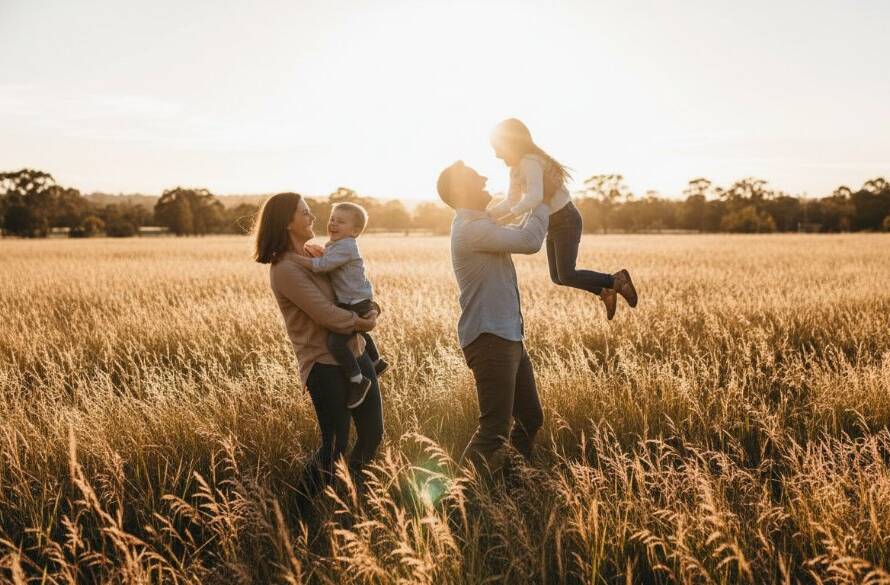 A candid and joyful Cranbourne East family photoshoot capturing genuine joy, with parents laughing as their children play in a sun-drenched Cranbourne East park, featuring warm, golden hour lighting and natural expressions.