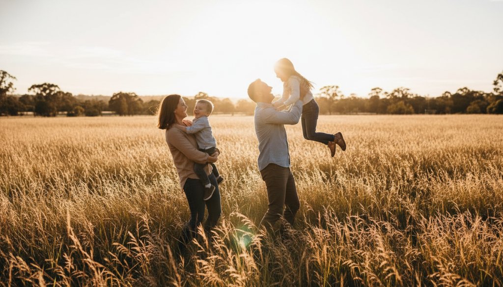 A candid and joyful Cranbourne East family photoshoot capturing genuine joy, with parents laughing as their children play in a sun-drenched Cranbourne East park, featuring warm, golden hour lighting and natural expressions.