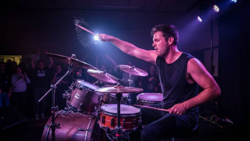 Dynamic Cranbourne East live music photography capturing an electrifying performance, with a drummer passionately striking cymbals under intense, colourful stage lights, conveying raw energy and sound.