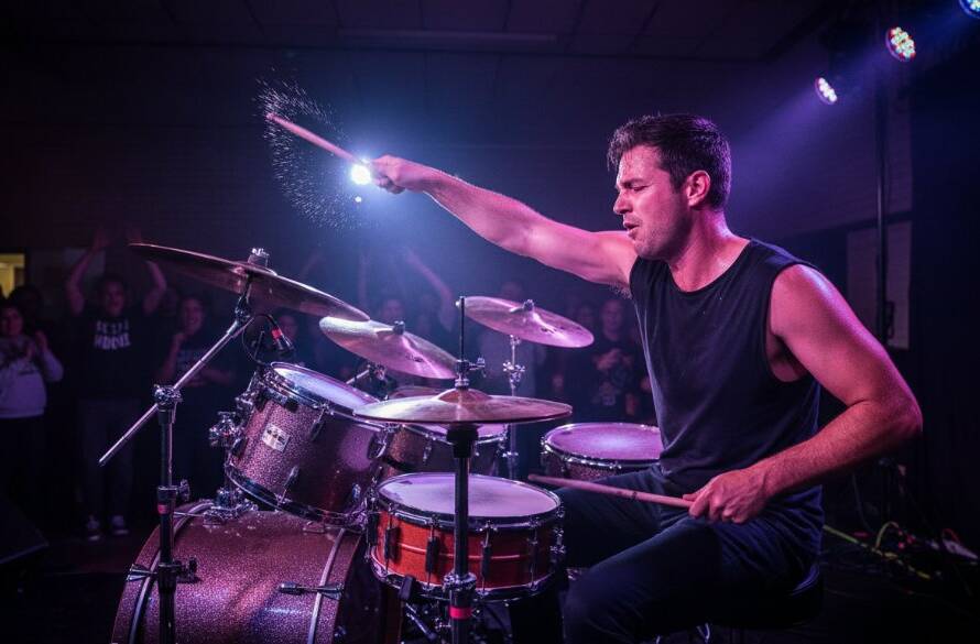 Dynamic Cranbourne East live music photography capturing an electrifying performance, with a drummer passionately striking cymbals under intense, colourful stage lights, conveying raw energy and sound.