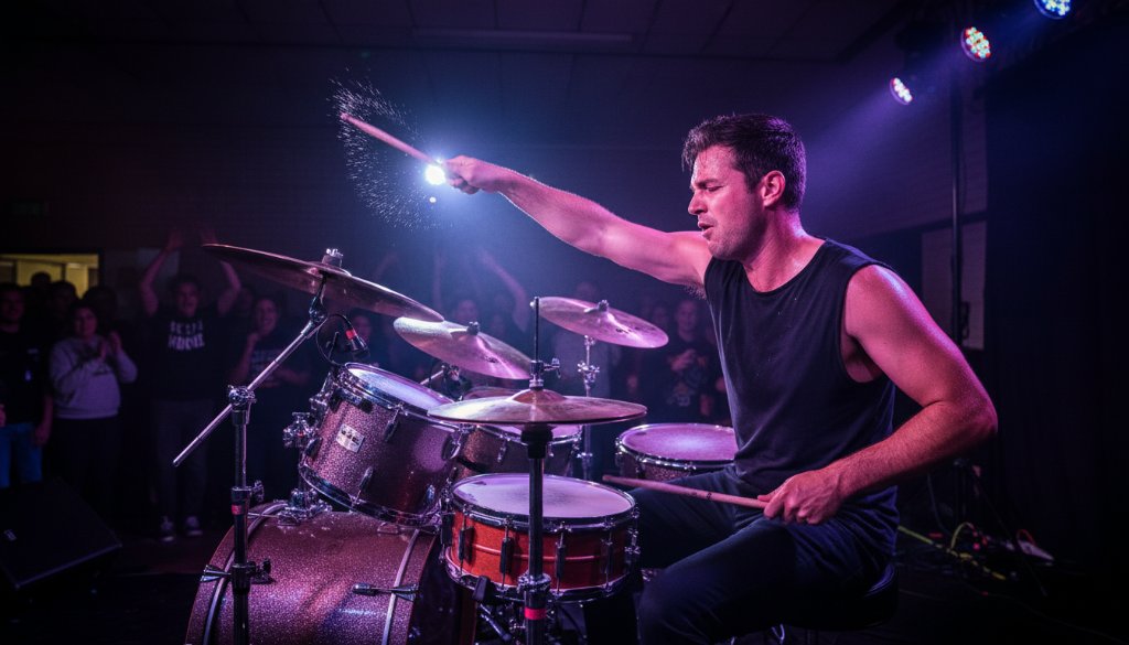 Dynamic Cranbourne East live music photography capturing an electrifying performance, with a drummer passionately striking cymbals under intense, colourful stage lights, conveying raw energy and sound.
