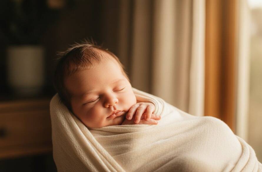 A serene and tender moment captured with Cranbourne East newborn baby photography expertise, showing a peacefully sleeping baby swaddled in soft fabrics, bathed in warm, ethereal light from a window in a rustic Cranbourne East home, professional color grading.