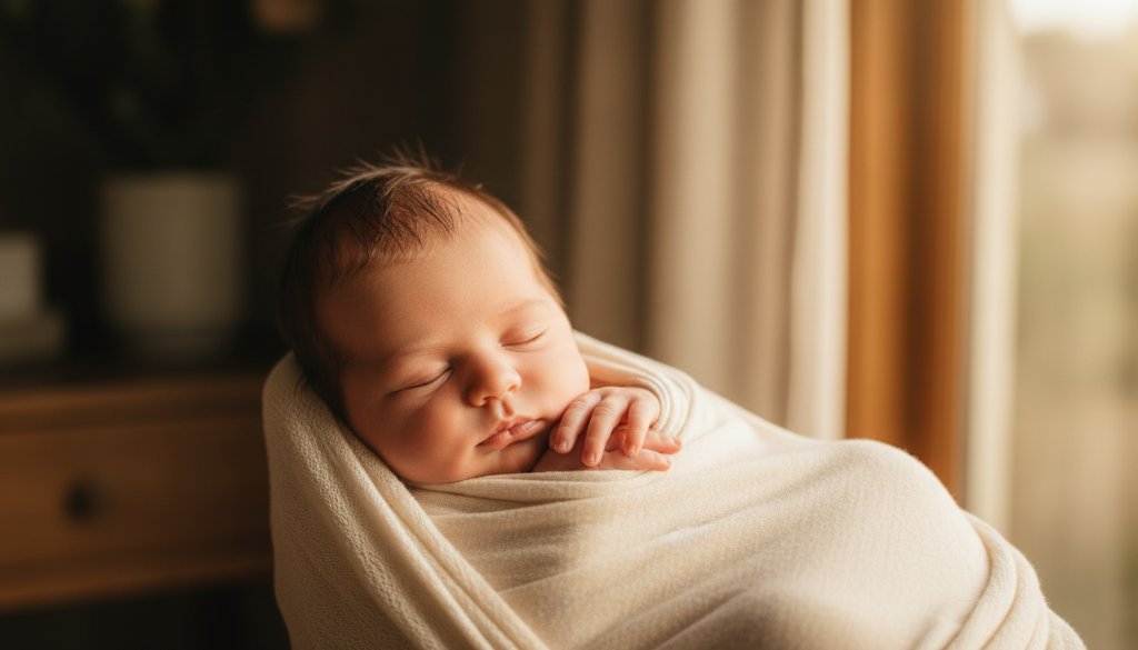 A serene and tender moment captured with Cranbourne East newborn baby photography expertise, showing a peacefully sleeping baby swaddled in soft fabrics, bathed in warm, ethereal light from a window in a rustic Cranbourne East home, professional color grading.