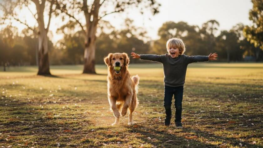 A majestic golden retriever and a child sharing a joyful embrace in a sun-dappled park, embodying Cranbourne East pet photography capturing joyful family moments, with dramatic lighting and professional colour grading.