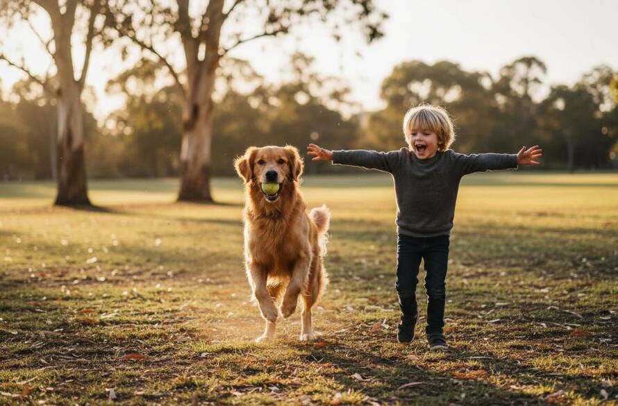A majestic golden retriever and a child sharing a joyful embrace in a sun-dappled park, embodying Cranbourne East pet photography capturing joyful family moments, with dramatic lighting and professional colour grading.