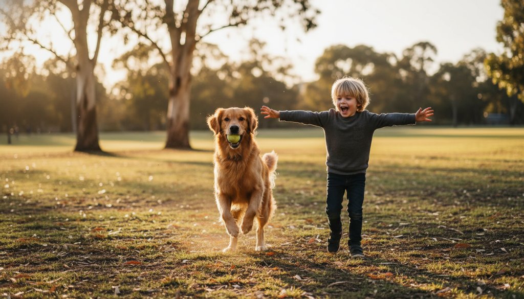 A majestic golden retriever and a child sharing a joyful embrace in a sun-dappled park, embodying Cranbourne East pet photography capturing joyful family moments, with dramatic lighting and professional colour grading.