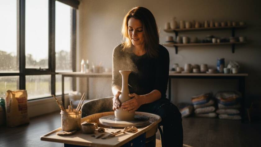 Dynamic, wide-angle shot of a local business owner in Cranbourne East showcasing their artisanal product in a beautifully lit, modern workshop, exemplifying exceptional Cranbourne East professional commercial photography.