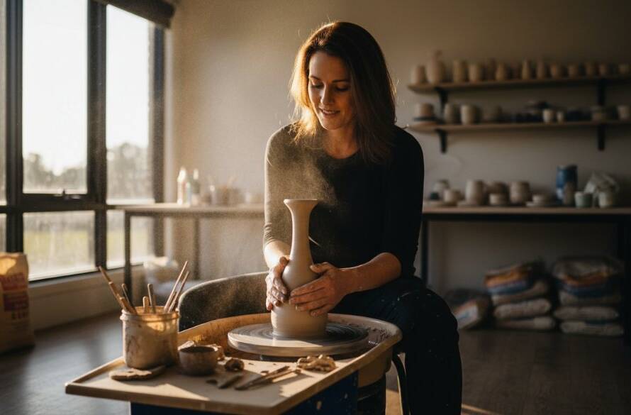 Dynamic, wide-angle shot of a local business owner in Cranbourne East showcasing their artisanal product in a beautifully lit, modern workshop, exemplifying exceptional Cranbourne East professional commercial photography.
