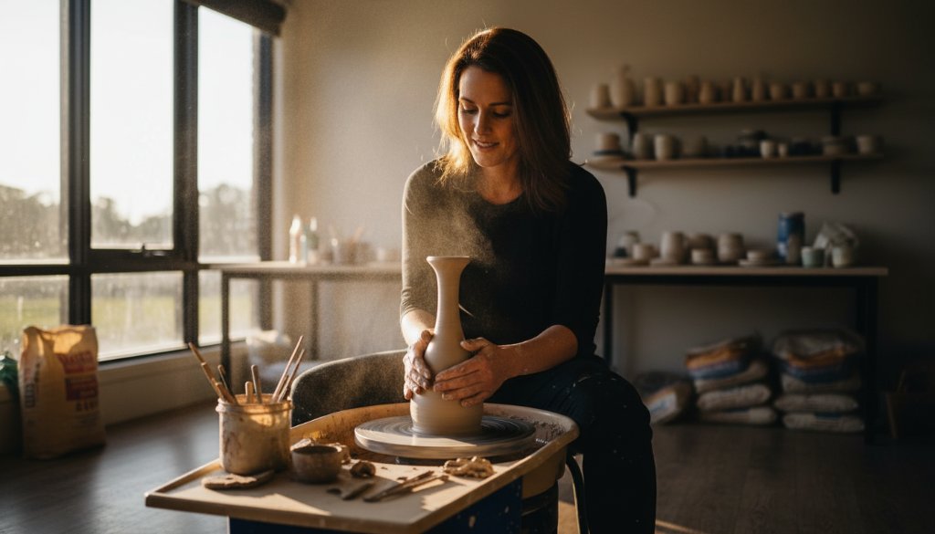 Dynamic, wide-angle shot of a local business owner in Cranbourne East showcasing their artisanal product in a beautifully lit, modern workshop, exemplifying exceptional Cranbourne East professional commercial photography.