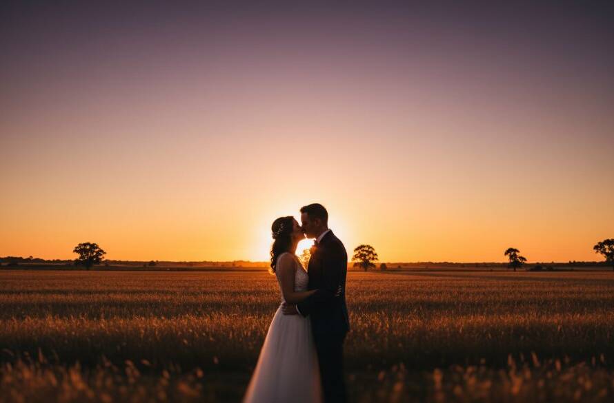 An epic moment captured in Cranbourne East romantic wedding photography: Intimate moments, showing a couple sharing a tender embrace at sunset amidst golden fields, with dramatic backlighting and professional colour grading.