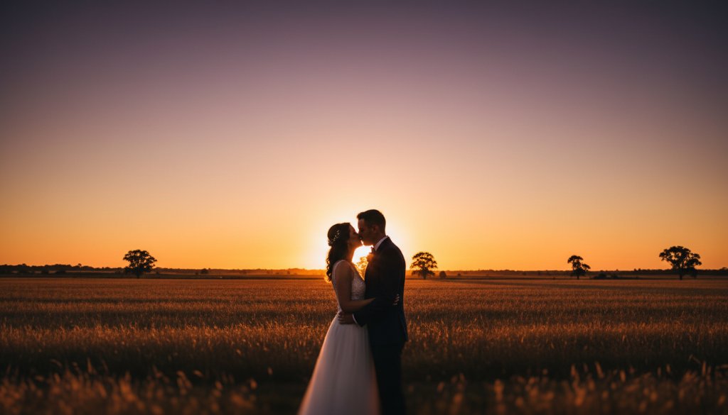An epic moment captured in Cranbourne East romantic wedding photography: Intimate moments, showing a couple sharing a tender embrace at sunset amidst golden fields, with dramatic backlighting and professional colour grading.