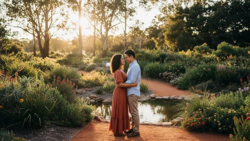 A newly engaged couple sharing a tender kiss amidst the lush, sun-dappled greenery of the Royal Botanic Gardens Cranbourne, captured with breathtaking natural light for their Cranbourne engagement photography Royal Botanic Gardens session, showcasing an epic moment of love.