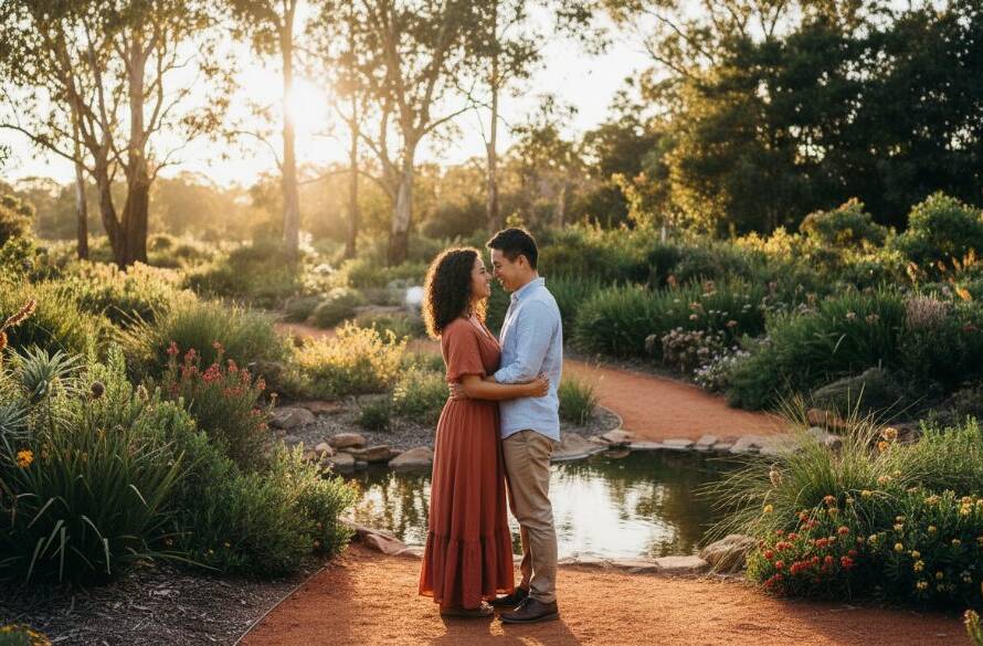 A newly engaged couple sharing a tender kiss amidst the lush, sun-dappled greenery of the Royal Botanic Gardens Cranbourne, captured with breathtaking natural light for their Cranbourne engagement photography Royal Botanic Gardens session, showcasing an epic moment of love.