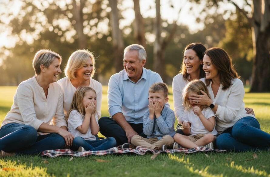 An epic moment of a young couple laughing spontaneously in the golden hour light at Casey Fields, showcasing Cranbourne North candid photography capturing genuine joy, with vibrant spring blossoms in the foreground and a blurred Australian suburban backdrop.