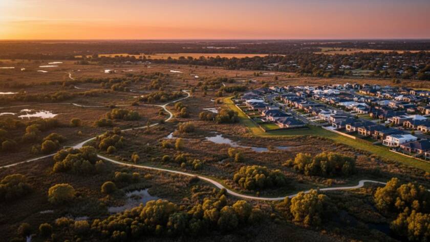 An epic aerial view of Cranbourne North, Victoria, showcasing a stunning sunset over a residential area and lush parklands, captured with Cranbourne North drone photography expertise for epic aerial views, featuring golden hour light and a dramatic composition.