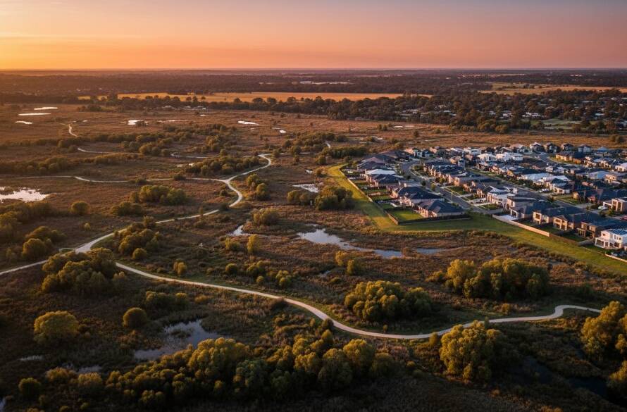 An epic aerial view of Cranbourne North, Victoria, showcasing a stunning sunset over a residential area and lush parklands, captured with Cranbourne North drone photography expertise for epic aerial views, featuring golden hour light and a dramatic composition.