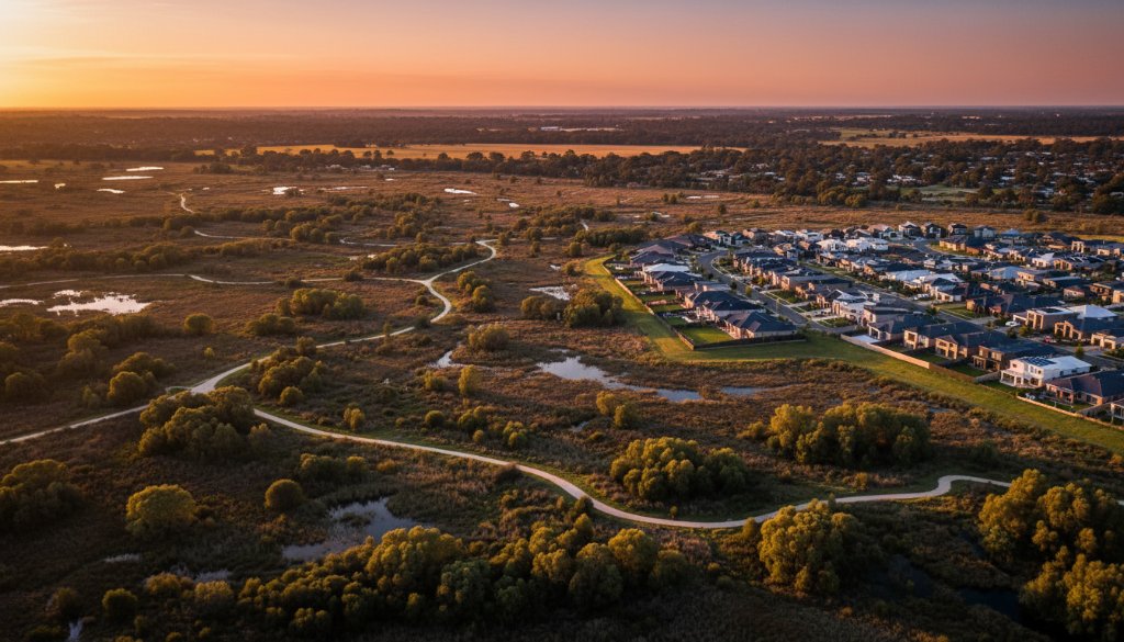 An epic aerial view of Cranbourne North, Victoria, showcasing a stunning sunset over a residential area and lush parklands, captured with Cranbourne North drone photography expertise for epic aerial views, featuring golden hour light and a dramatic composition.