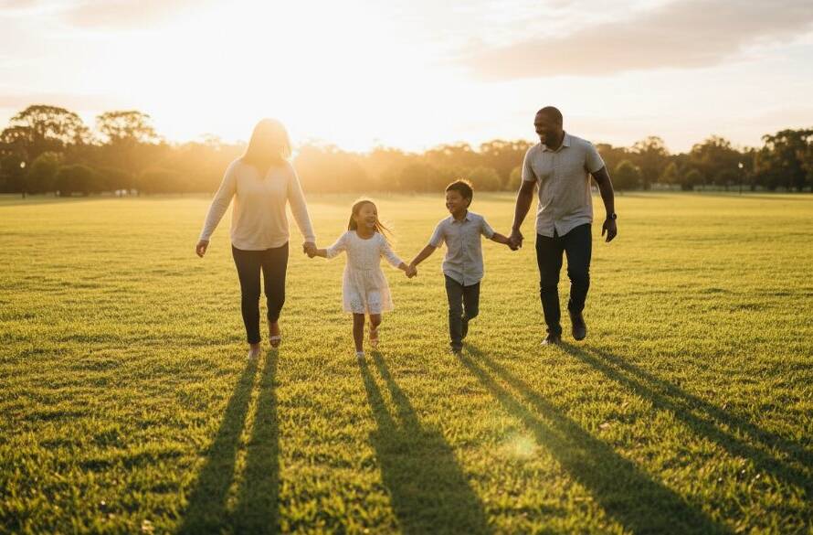Cranbourne North family photography: capturing genuine connections with a warm, candid moment of a family laughing joyously outdoors, bathed in golden hour sunlight, against a soft, natural backdrop of local parkland.