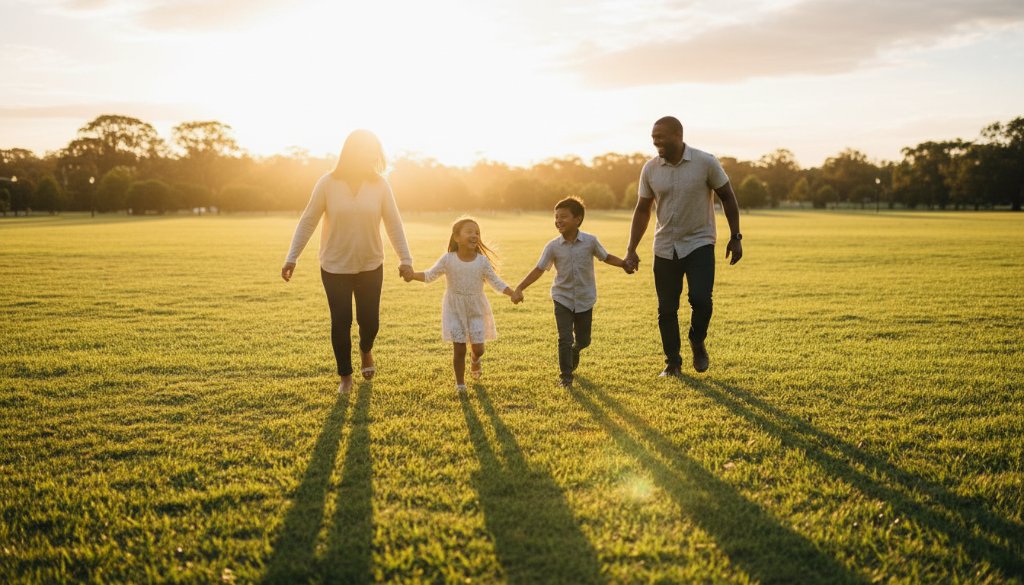 Cranbourne North family photography: capturing genuine connections with a warm, candid moment of a family laughing joyously outdoors, bathed in golden hour sunlight, against a soft, natural backdrop of local parkland.