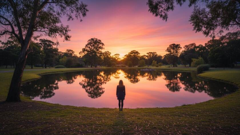 Dramatic wide-angle shot showcasing Cranbourne North fine art photography capturing unique local beauty: a lone figure stands silhouetted against a vibrant sunset over a field of golden grass in Cranbourne North, Dandenong Ranges visible in the distant haze, conveying a sense of serene grandeur.