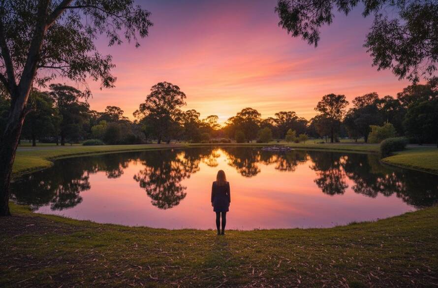Dramatic wide-angle shot showcasing Cranbourne North fine art photography capturing unique local beauty: a lone figure stands silhouetted against a vibrant sunset over a field of golden grass in Cranbourne North, Dandenong Ranges visible in the distant haze, conveying a sense of serene grandeur.