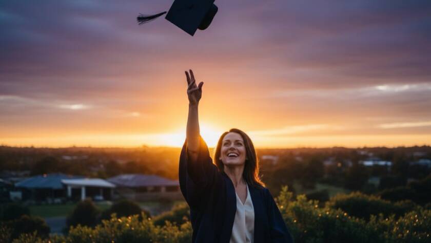 A proud graduate in their cap and gown, beaming with joy and throwing their cap high against a vibrant Cranbourne North sunset, symbolizing their success. Expert Cranbourne North graduation photography unforgettable moments beautifully captured.