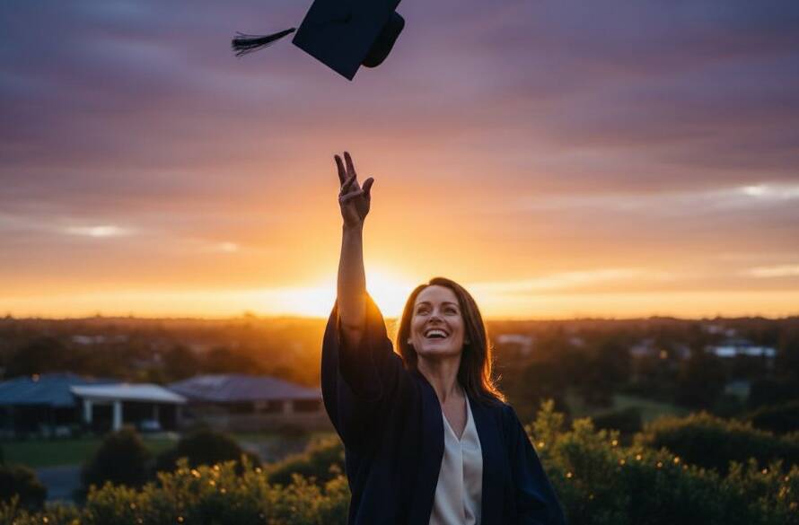 A proud graduate in their cap and gown, beaming with joy and throwing their cap high against a vibrant Cranbourne North sunset, symbolizing their success. Expert Cranbourne North graduation photography unforgettable moments beautifully captured.