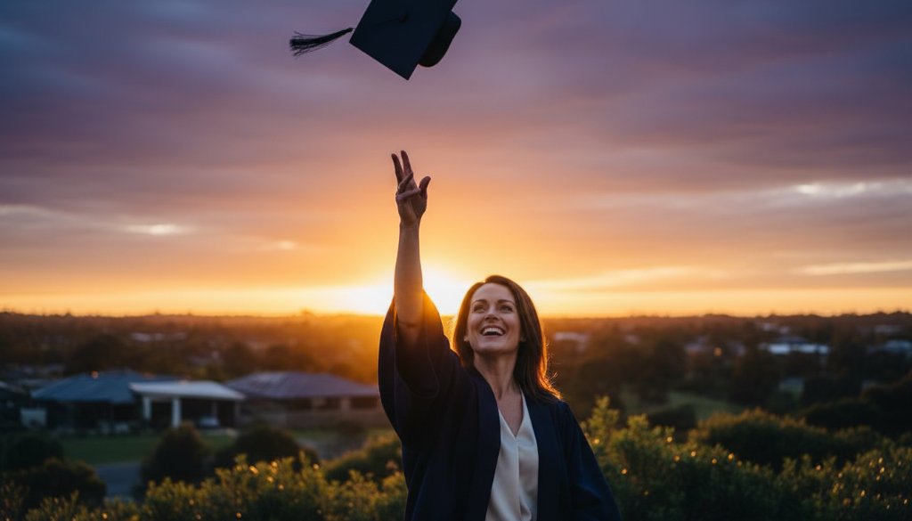 A proud graduate in their cap and gown, beaming with joy and throwing their cap high against a vibrant Cranbourne North sunset, symbolizing their success. Expert Cranbourne North graduation photography unforgettable moments beautifully captured.