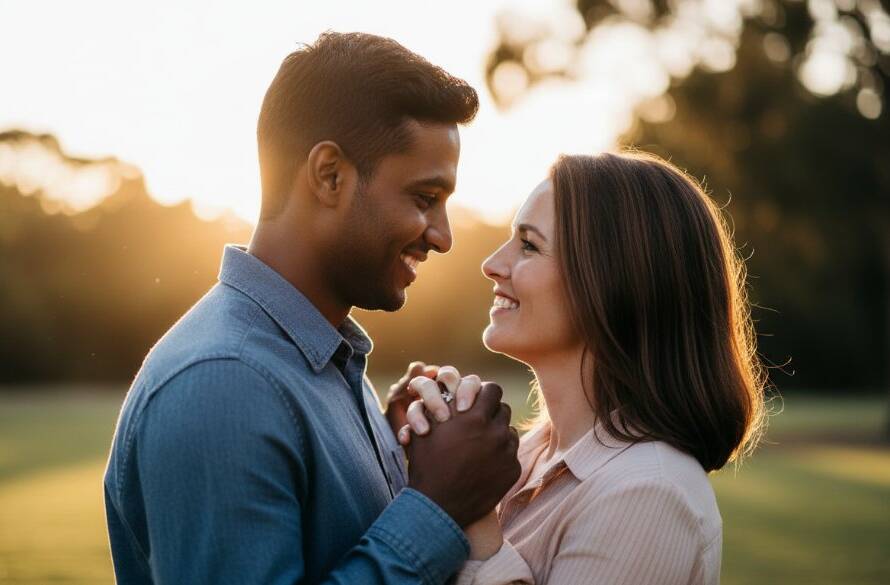 A couple shares a tender, intimate moment during their Cranbourne North intimate engagement photoshoot locations session, bathed in warm golden hour light amidst lush greenery, captured with cinematic flair and professional colour grading, showcasing their deep connection in an epic, romantic portrait.