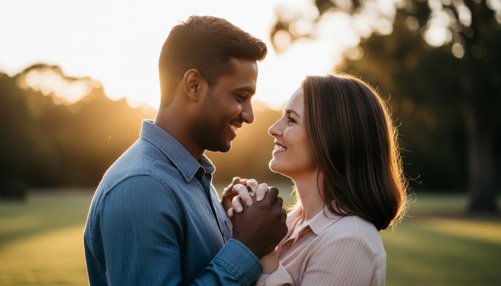 A couple shares a tender, intimate moment during their Cranbourne North intimate engagement photoshoot locations session, bathed in warm golden hour light amidst lush greenery, captured with cinematic flair and professional colour grading, showcasing their deep connection in an epic, romantic portrait.