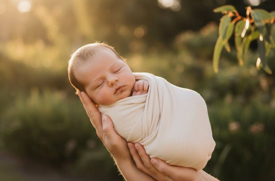 An 'epic moment' style photograph showing a peaceful newborn baby, swaddled in soft linen, gently held in a parent's arms, bathed in golden afternoon light filtering through gum leaves in a Cranbourne North park, symbolising Cranbourne North newborn photography precious family heirlooms and the tender beginning of a family's journey.