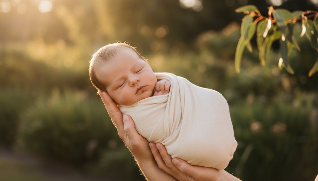 An 'epic moment' style photograph showing a peaceful newborn baby, swaddled in soft linen, gently held in a parent's arms, bathed in golden afternoon light filtering through gum leaves in a Cranbourne North park, symbolising Cranbourne North newborn photography precious family heirlooms and the tender beginning of a family's journey.
