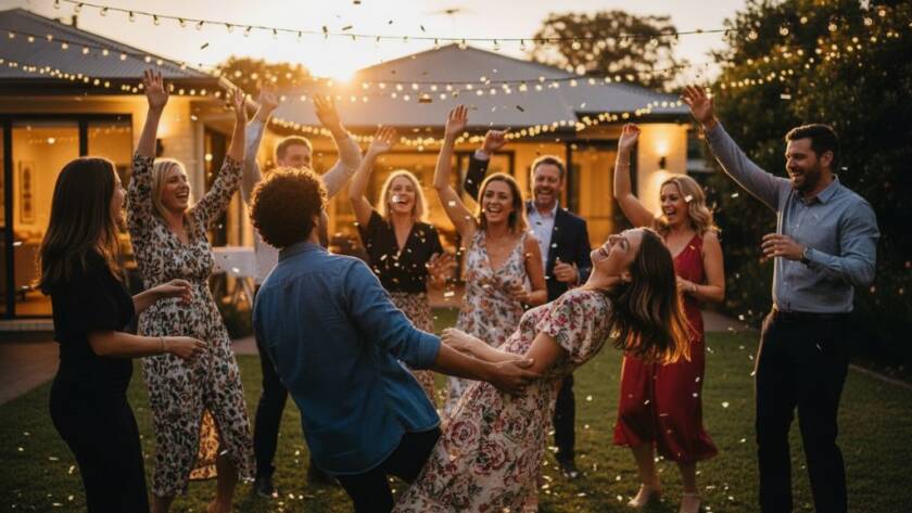 An ecstatic group of friends mid-laugh at an outdoor birthday celebration in Cranbourne North, captured with dramatic backlight, showcasing the vibrant authentic moments of the party through professional photography.