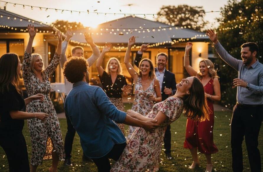 An ecstatic group of friends mid-laugh at an outdoor birthday celebration in Cranbourne North, captured with dramatic backlight, showcasing the vibrant authentic moments of the party through professional photography.