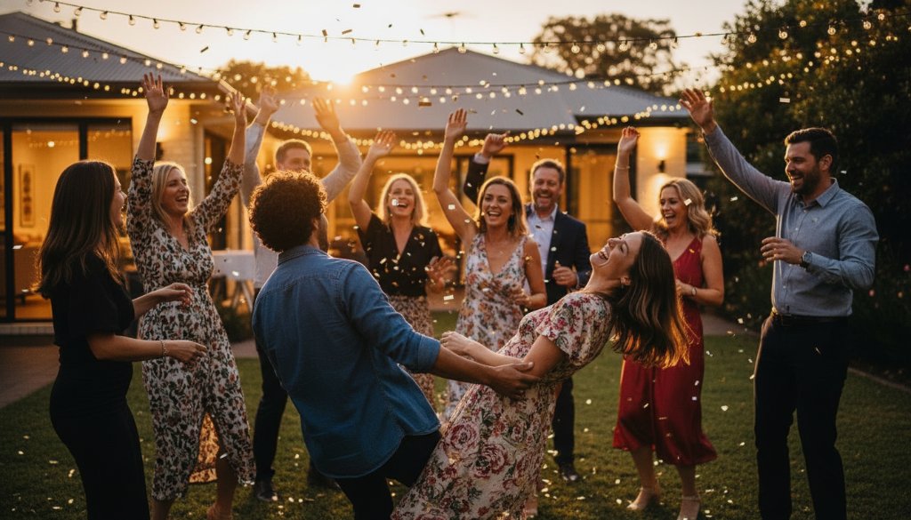 An ecstatic group of friends mid-laugh at an outdoor birthday celebration in Cranbourne North, captured with dramatic backlight, showcasing the vibrant authentic moments of the party through professional photography.