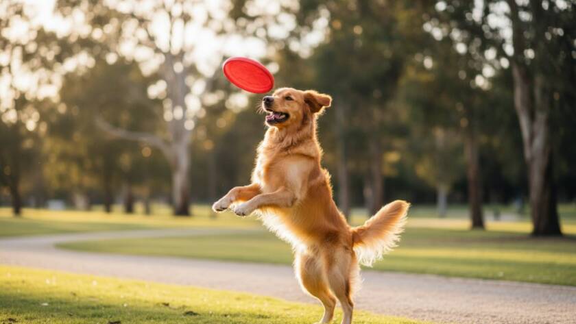 Dramatic, vibrant photograph showcasing a golden retriever mid-leap, tongue out, joyfully catching a frisbee in a sun-drenched park in Cranbourne North, Victoria, epitomizing Cranbourne North pet photography capturing playful moments with professional lighting.
