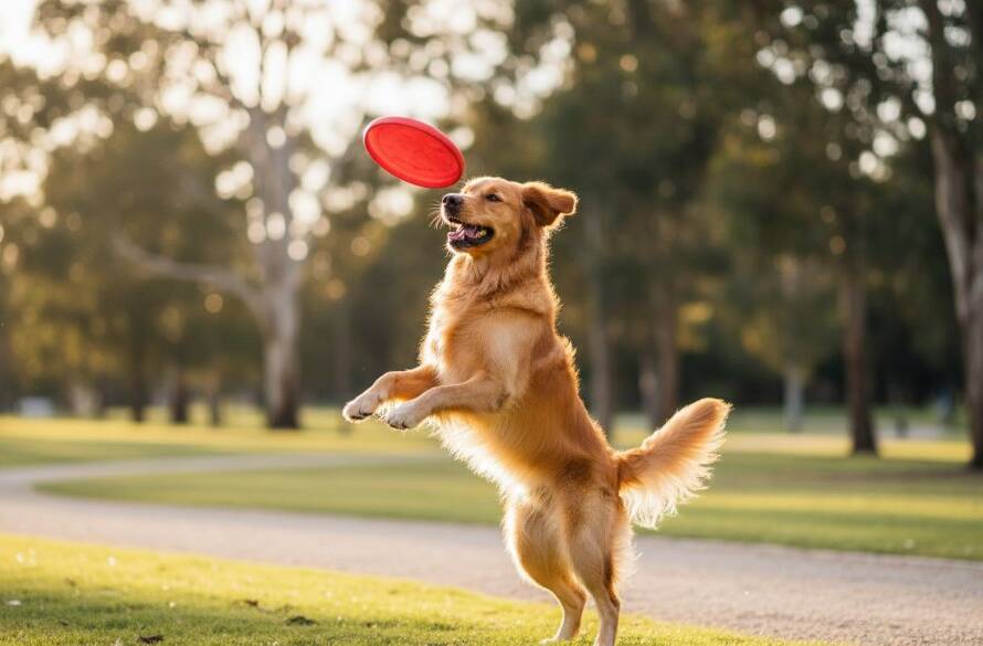 Dramatic, vibrant photograph showcasing a golden retriever mid-leap, tongue out, joyfully catching a frisbee in a sun-drenched park in Cranbourne North, Victoria, epitomizing Cranbourne North pet photography capturing playful moments with professional lighting.