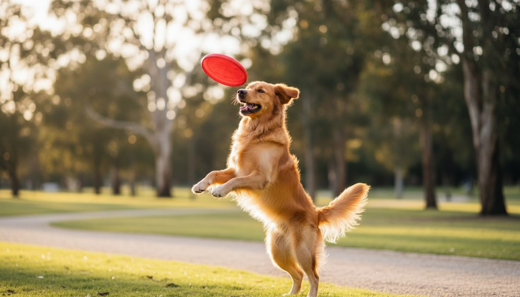 Dramatic, vibrant photograph showcasing a golden retriever mid-leap, tongue out, joyfully catching a frisbee in a sun-drenched park in Cranbourne North, Victoria, epitomizing Cranbourne North pet photography capturing playful moments with professional lighting.