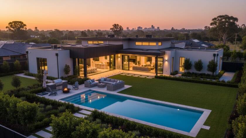 An awe-inspiring aerial view of a contemporary family home in Cranbourne North, framed by lush gardens and a serene parkland, showcasing the profound impact of professional real estate photography boosting property appeal, under the soft glow of a morning sunrise, highlighting modern architecture and a family-friendly environment.